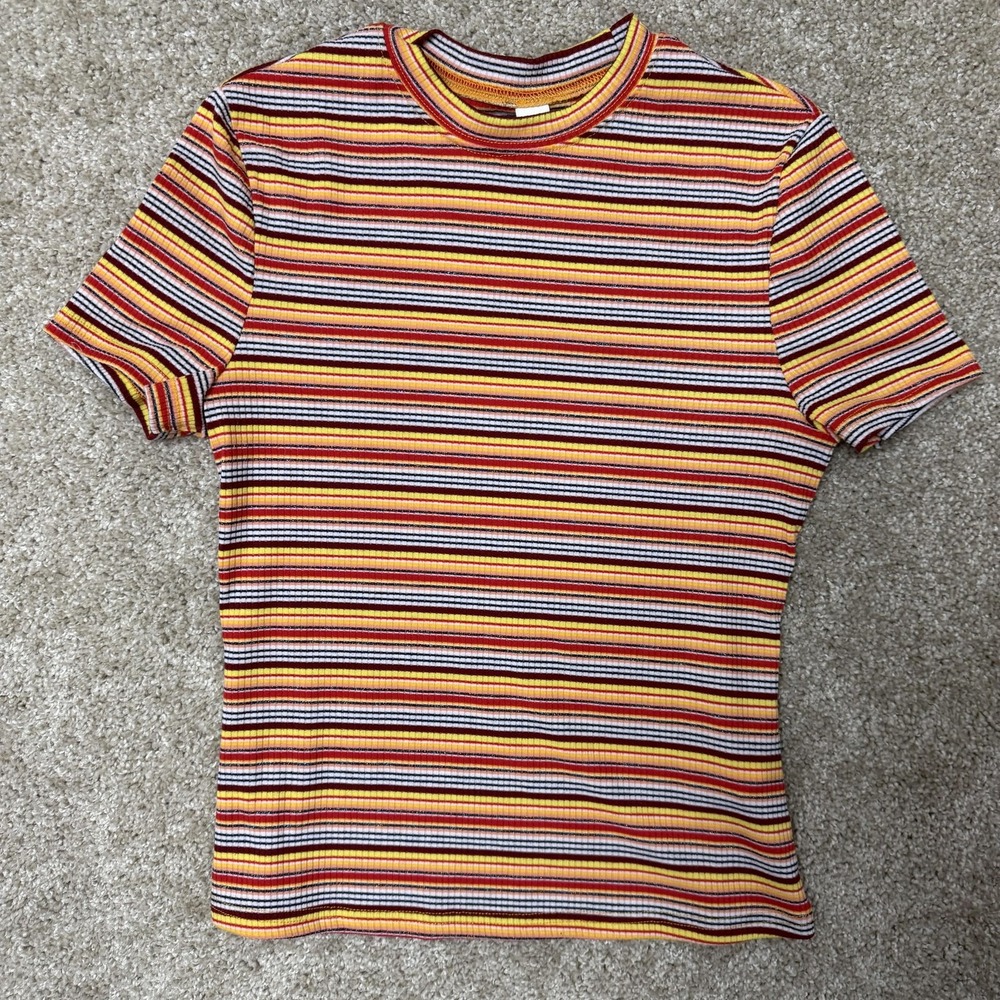 Y2K Striped Shirt Womens Medium Multicolor Ribbed Knit Short Sleeve Tee